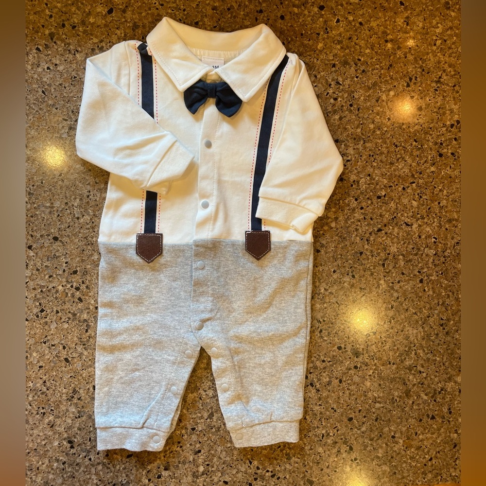 Classic White and Gray Baby Romper with Bow Tie